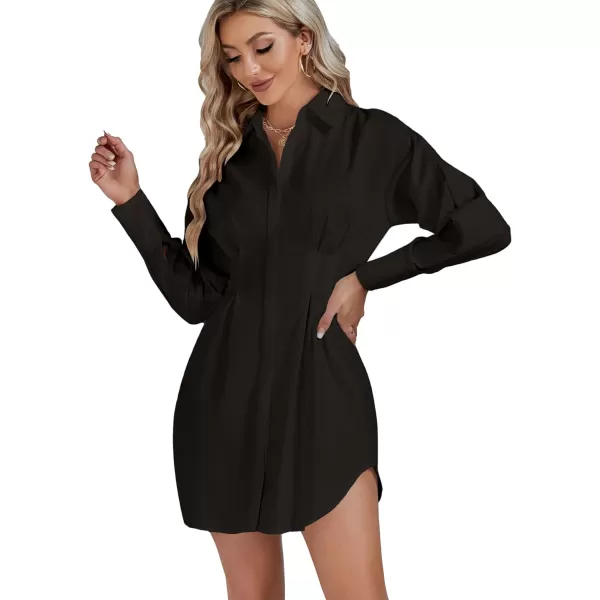 LYANER Women's Collar Buttons Down Pleated Long Sleeve Flared Mini Shirt Dress