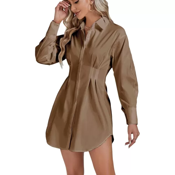 LYANER Women's Collar Buttons Down Pleated Long Sleeve Flared Mini Shirt Dress