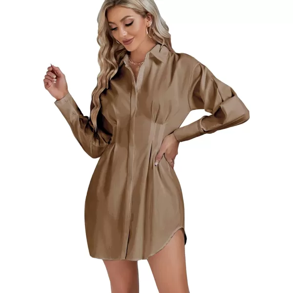 LYANER Women's Collar Buttons Down Pleated Long Sleeve Flared Mini Shirt Dress