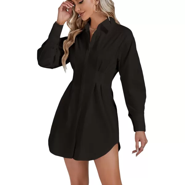 LYANER Women's Collar Buttons Down Pleated Long Sleeve Flared Mini Shirt Dress