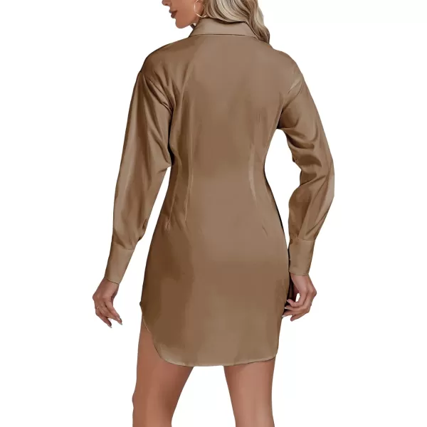 LYANER Women's Collar Buttons Down Pleated Long Sleeve Flared Mini Shirt Dress