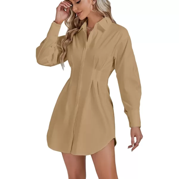 LYANER Women's Collar Buttons Down Pleated Long Sleeve Flared Mini Shirt Dress