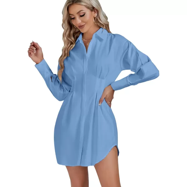 LYANER Women's Collar Buttons Down Pleated Long Sleeve Flared Mini Shirt Dress