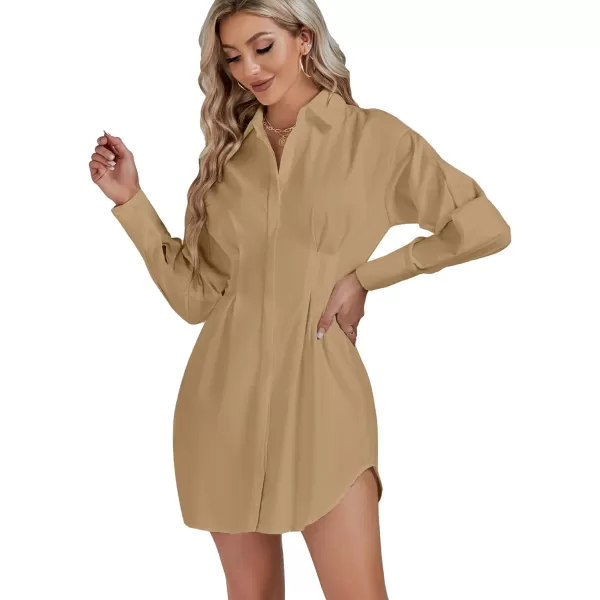 LYANER Women's Collar Buttons Down Pleated Long Sleeve Flared Mini Shirt Dress
