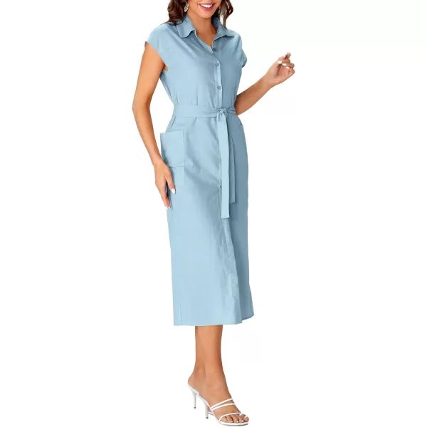 LYANER Women's Collar Neck Belted High Split Sleeveless Side Pocket Office Midi Dress