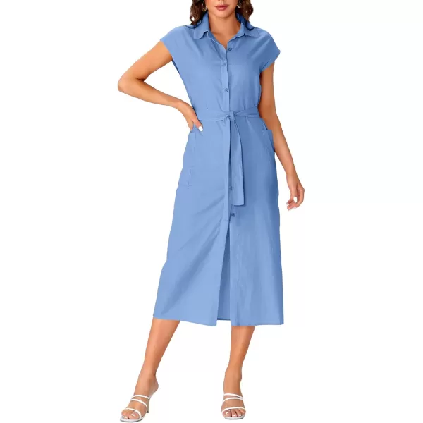LYANER Women's Collar Neck Belted High Split Sleeveless Side Pocket Office Midi Dress