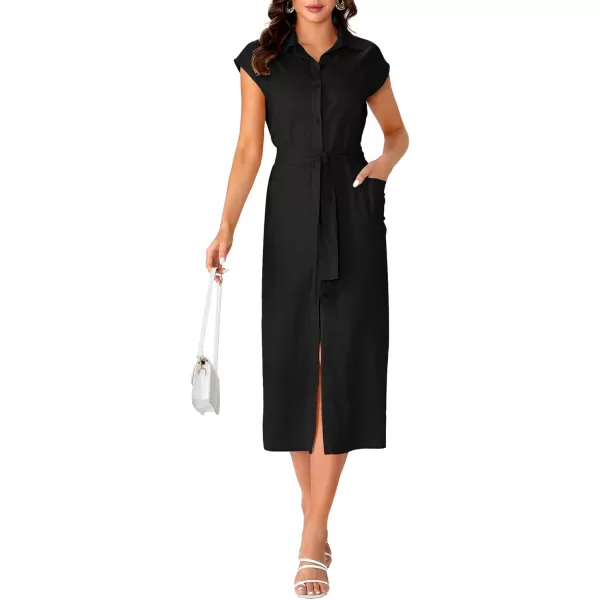 LYANER Women's Collar Neck Belted High Split Sleeveless Side Pocket Office Midi Dress