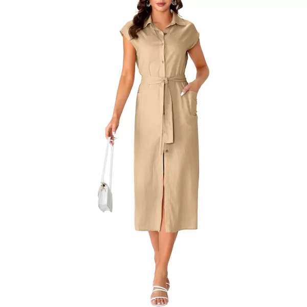 LYANER Women's Collar Neck Belted High Split Sleeveless Side Pocket Office Midi Dress