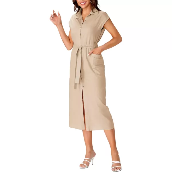 LYANER Women's Collar Neck Belted High Split Sleeveless Side Pocket Office Midi Dress