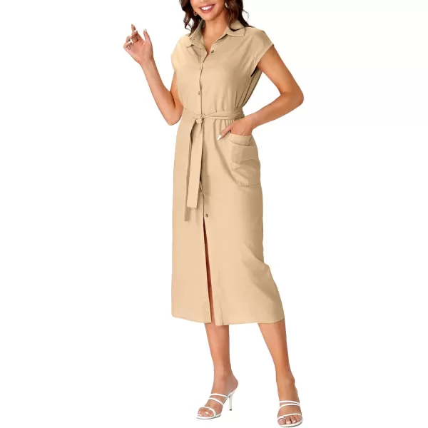 LYANER Women's Collar Neck Belted High Split Sleeveless Side Pocket Office Midi Dress