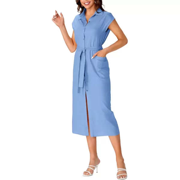 LYANER Women's Collar Neck Belted High Split Sleeveless Side Pocket Office Midi Dress