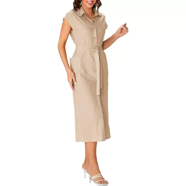 LYANER Women's Collar Neck Belted High Split Sleeveless Side Pocket Office Midi Dress
