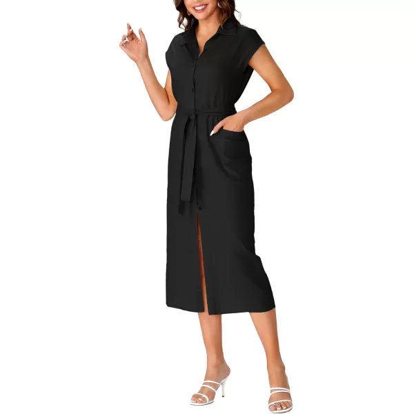 LYANER Women's Collar Neck Belted High Split Sleeveless Side Pocket Office Midi Dress