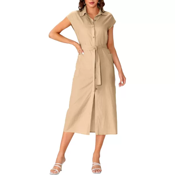LYANER Women's Collar Neck Belted High Split Sleeveless Side Pocket Office Midi Dress