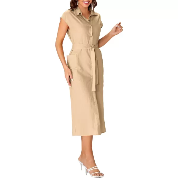 LYANER Women's Collar Neck Belted High Split Sleeveless Side Pocket Office Midi Dress
