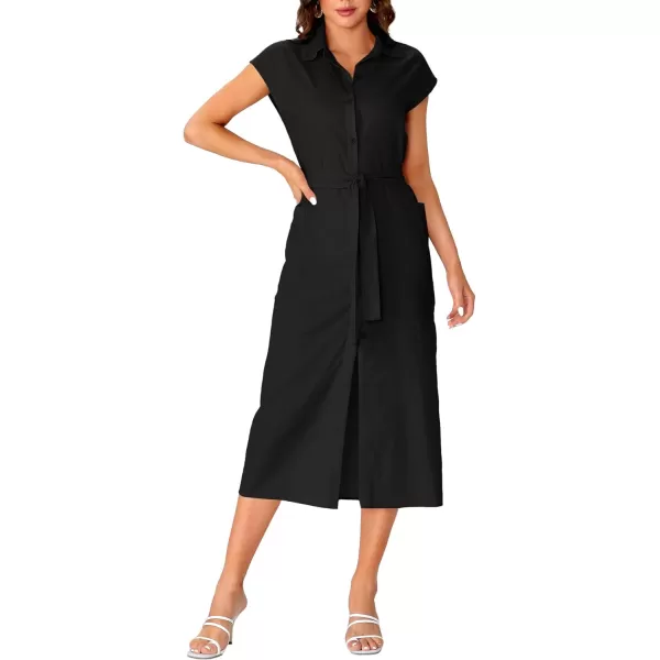 LYANER Women's Collar Neck Belted High Split Sleeveless Side Pocket Office Midi Dress