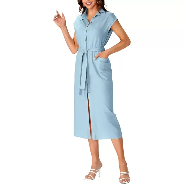 LYANER Women's Collar Neck Belted High Split Sleeveless Side Pocket Office Midi Dress