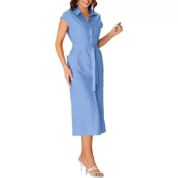 LYANER Women's Collar Neck Belted High Split Sleeveless Side Pocket Office Midi Dress
