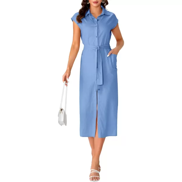 LYANER Women's Collar Neck Belted High Split Sleeveless Side Pocket Office Midi Dress