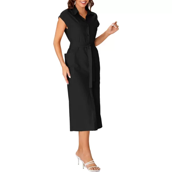 LYANER Women's Collar Neck Belted High Split Sleeveless Side Pocket Office Midi Dress