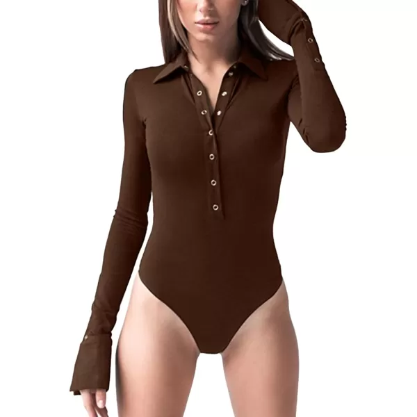 LYANER Women's Collar Neck Button Down Long Sleeve Slim Bodysuit Leotard Tops