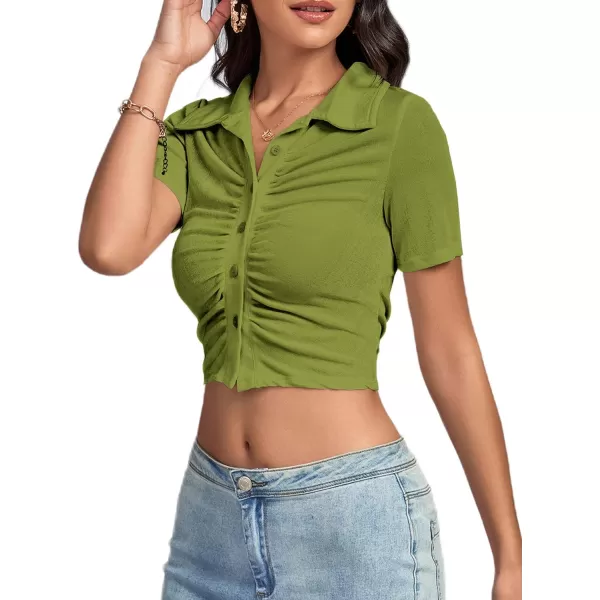 LYANER Women's Collar Neck Button Down Ruched Short Sleeve Blouse Tee Crop Top
