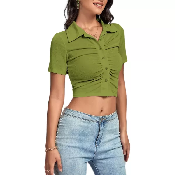 LYANER Women's Collar Neck Button Down Ruched Short Sleeve Blouse Tee Crop Top