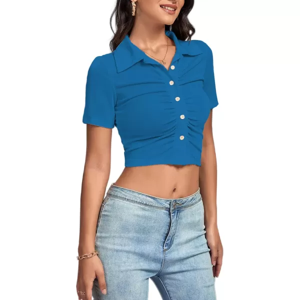 LYANER Women's Collar Neck Button Down Ruched Short Sleeve Blouse Tee Crop Top