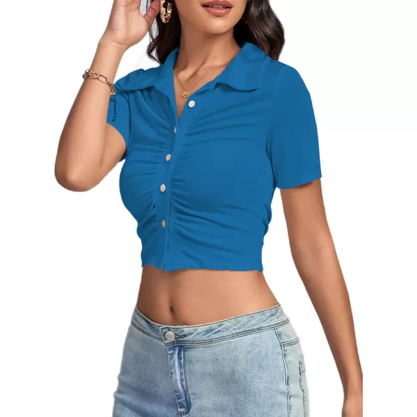 LYANER Women's Collar Neck Button Down Ruched Short Sleeve Blouse Tee Crop Top