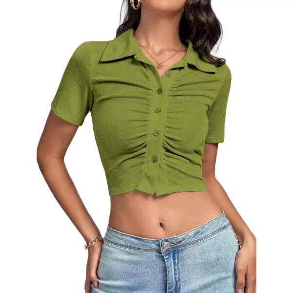 LYANER Women's Collar Neck Button Down Ruched Short Sleeve Blouse Tee Crop Top