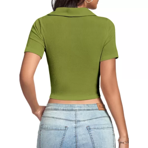 LYANER Women's Collar Neck Button Down Ruched Short Sleeve Blouse Tee Crop Top