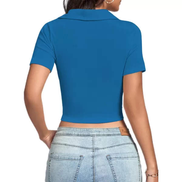 LYANER Women's Collar Neck Button Down Ruched Short Sleeve Blouse Tee Crop Top