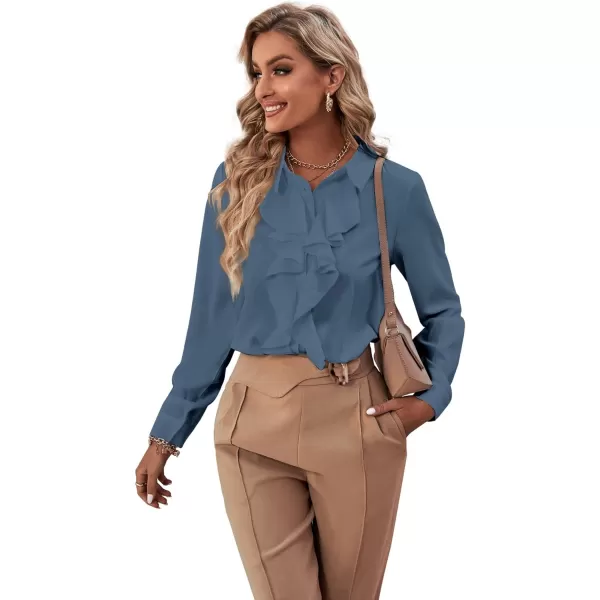 LYANER Women's Collar Neck Button Down Ruffle Front Long Sleeve Blouse Shirt Top
