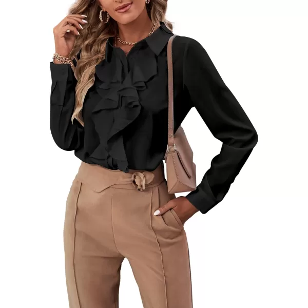 LYANER Women's Collar Neck Button Down Ruffle Front Long Sleeve Blouse Shirt Top
