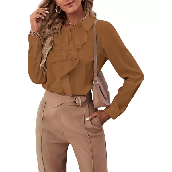 LYANER Women's Collar Neck Button Down Ruffle Front Long Sleeve Blouse Shirt Top