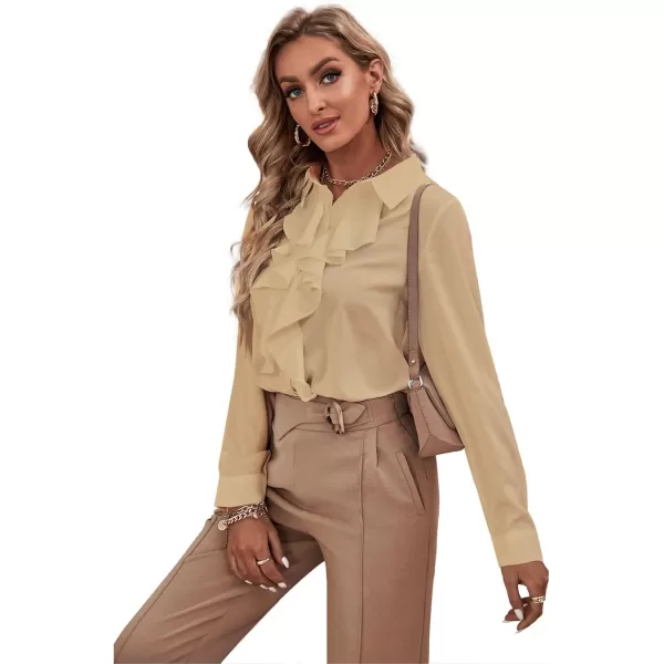 LYANER Women's Collar Neck Button Down Ruffle Front Long Sleeve Blouse Shirt Top