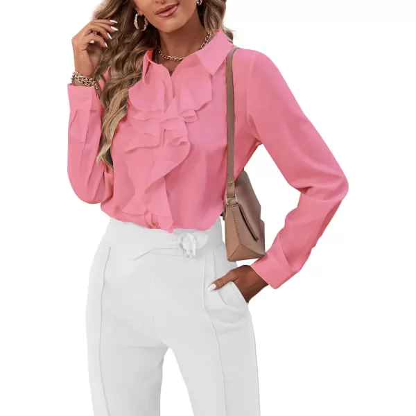 LYANER Women's Collar Neck Button Down Ruffle Front Long Sleeve Blouse Shirt Top