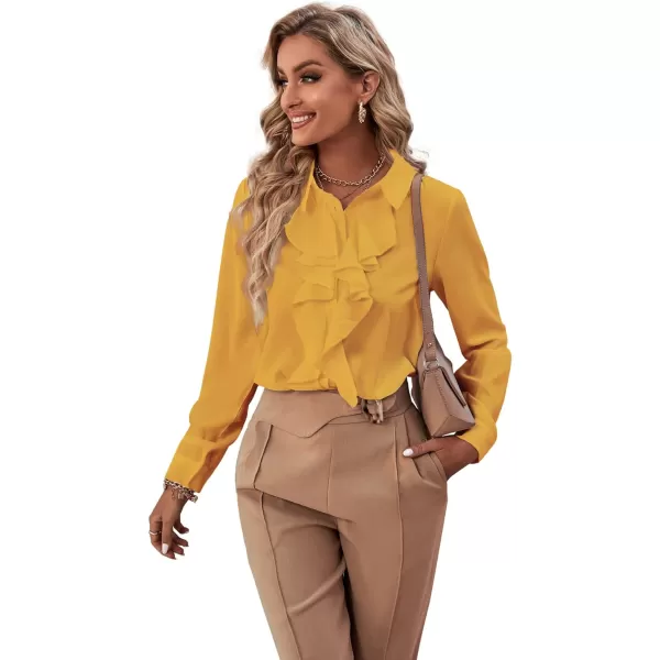 LYANER Women's Collar Neck Button Down Ruffle Front Long Sleeve Blouse Shirt Top
