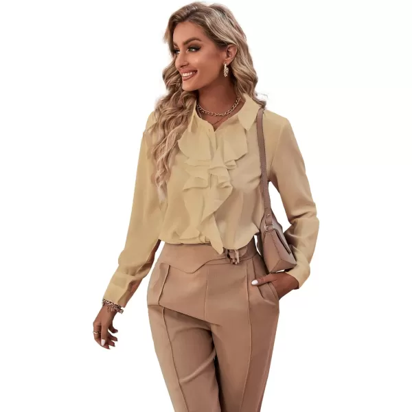 LYANER Women's Collar Neck Button Down Ruffle Front Long Sleeve Blouse Shirt Top