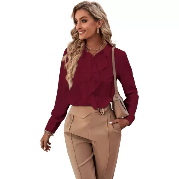 LYANER Women's Collar Neck Button Down Ruffle Front Long Sleeve Blouse Shirt Top