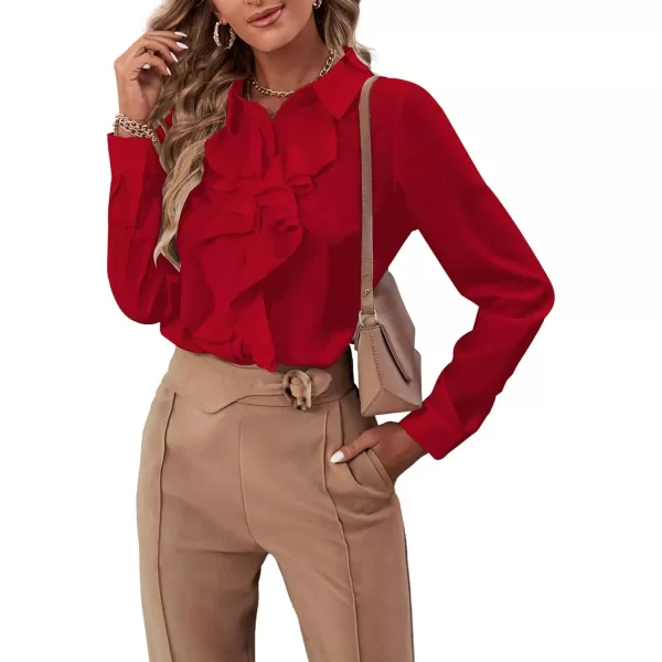 LYANER Women's Collar Neck Button Down Ruffle Front Long Sleeve Blouse Shirt Top
