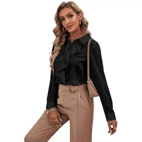 LYANER Women's Collar Neck Button Down Ruffle Front Long Sleeve Blouse Shirt Top