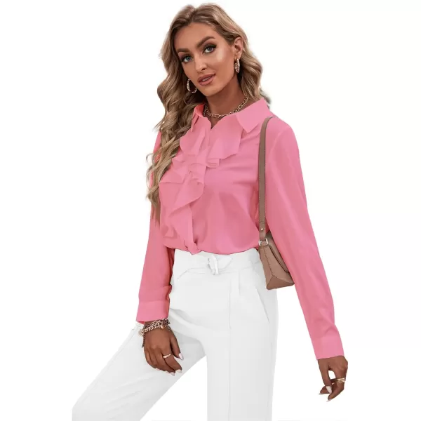 LYANER Women's Collar Neck Button Down Ruffle Front Long Sleeve Blouse Shirt Top