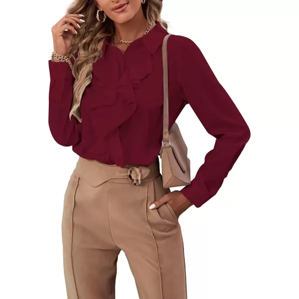 LYANER Women's Collar Neck Button Down Ruffle Front Long Sleeve Blouse Shirt Top