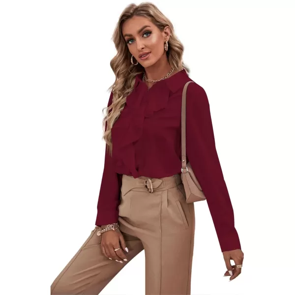 LYANER Women's Collar Neck Button Down Ruffle Front Long Sleeve Blouse Shirt Top