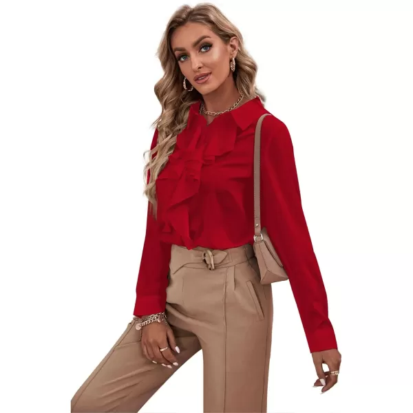 LYANER Women's Collar Neck Button Down Ruffle Front Long Sleeve Blouse Shirt Top