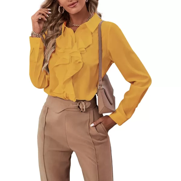 LYANER Women's Collar Neck Button Down Ruffle Front Long Sleeve Blouse Shirt Top