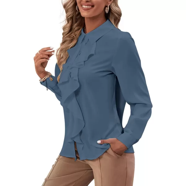 LYANER Women's Collar Neck Button Down Ruffle Front Long Sleeve Blouse Shirt Top