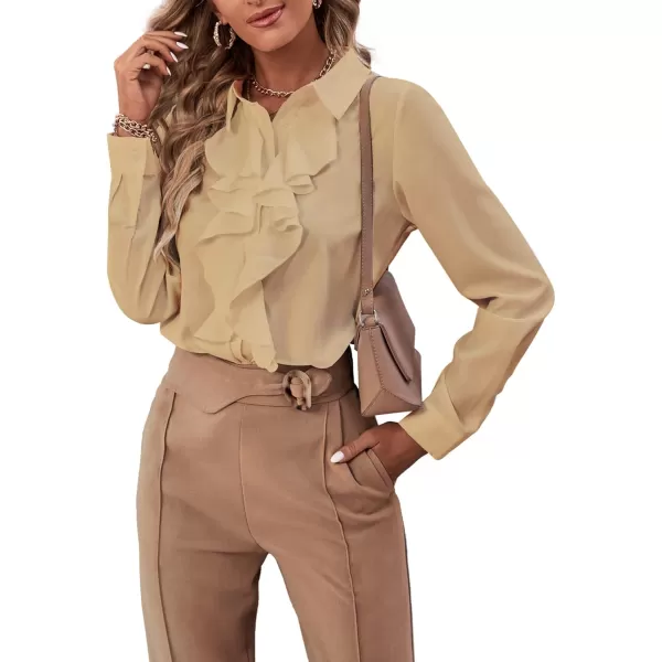 LYANER Women's Collar Neck Button Down Ruffle Front Long Sleeve Blouse Shirt Top