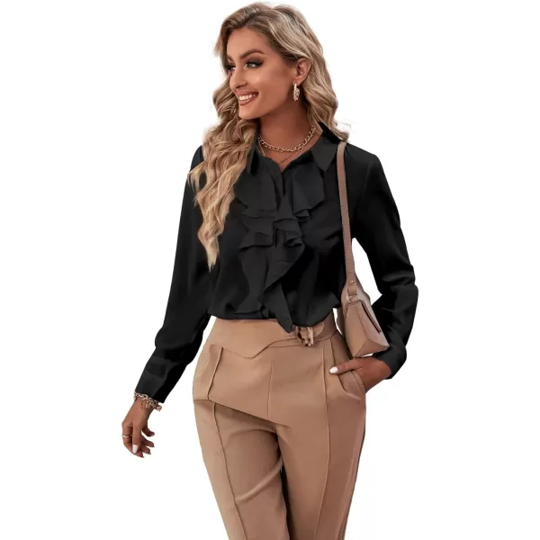 LYANER Women's Collar Neck Button Down Ruffle Front Long Sleeve Blouse Shirt Top